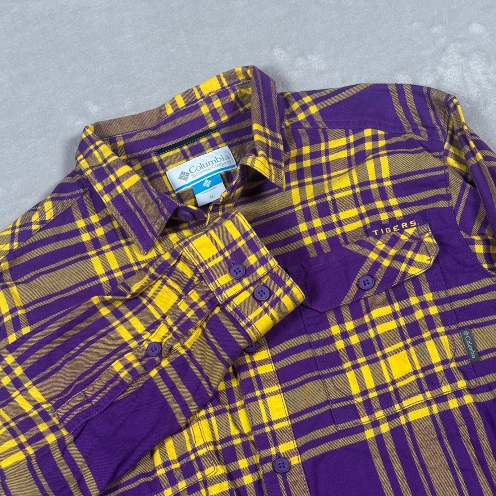 Columbia Button Down Flannel Shirt Mens M Purple Plaid LSU Tigers Long Sleeve